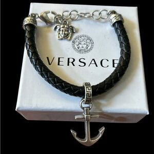 Versace Black Braided Leather Bracelet with Silver Anchor and Medusa Charms